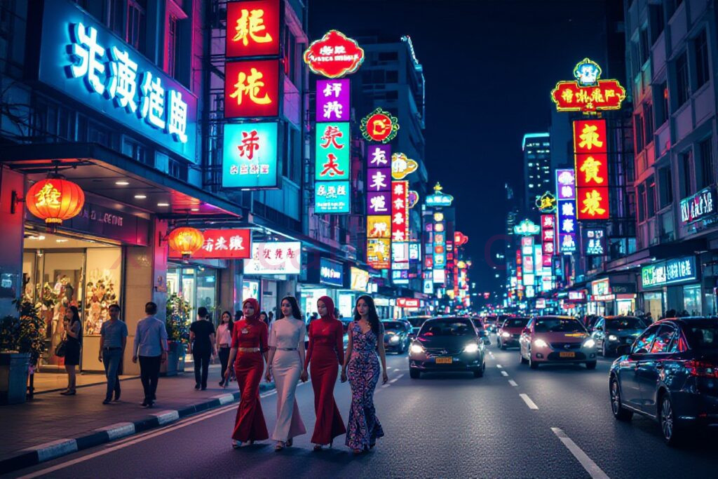 KL Escort Girl Neon-lit Kuala Lumpur street scene with women walking. Nightlife in KL. Malaysia Sex Service