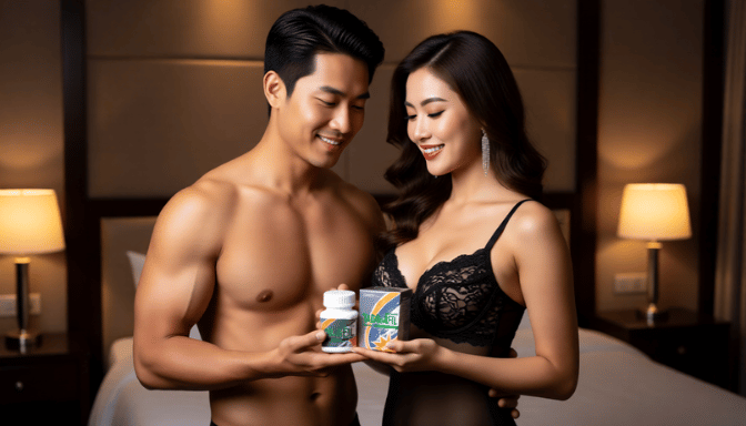 Attractive couple holding supplement bottles in bedroom setting.