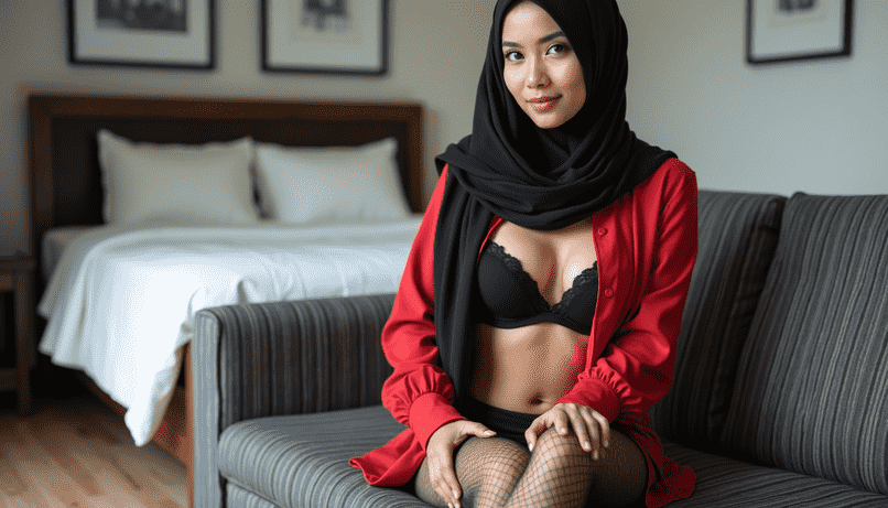 Woman in hijab, red shirt, and lingerie sitting on sofa.